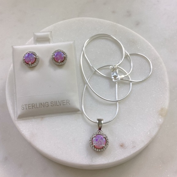 Halo Pink Fire Opal Cz & Clear Cz .925 Sterling Silver Earring & Necklace Set - Picture 15 of 17